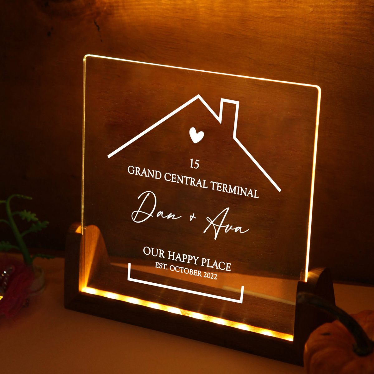 Our Happy Place - Personalized Desk Name Plate Night Light - Gift For Couple