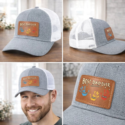Best Dad Ever Hand Prints - Personalized Leather Label Net Hat - Gift For Father, Grandpa, Father's Day Gift