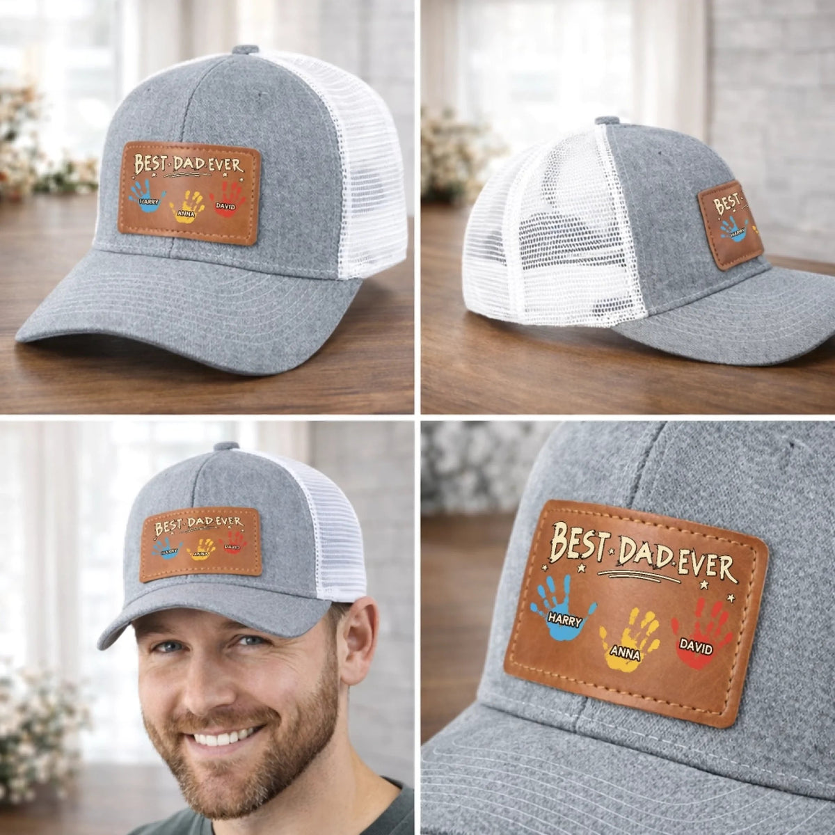 Best Dad Ever Hand Prints - Personalized Leather Label Net Hat - Gift For Father, Grandpa, Father's Day Gift
