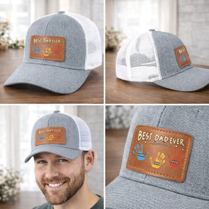 Best Dad Ever Hand Prints - Personalized Leather Label Net Hat - Gift For Father, Grandpa, Father's Day Gift