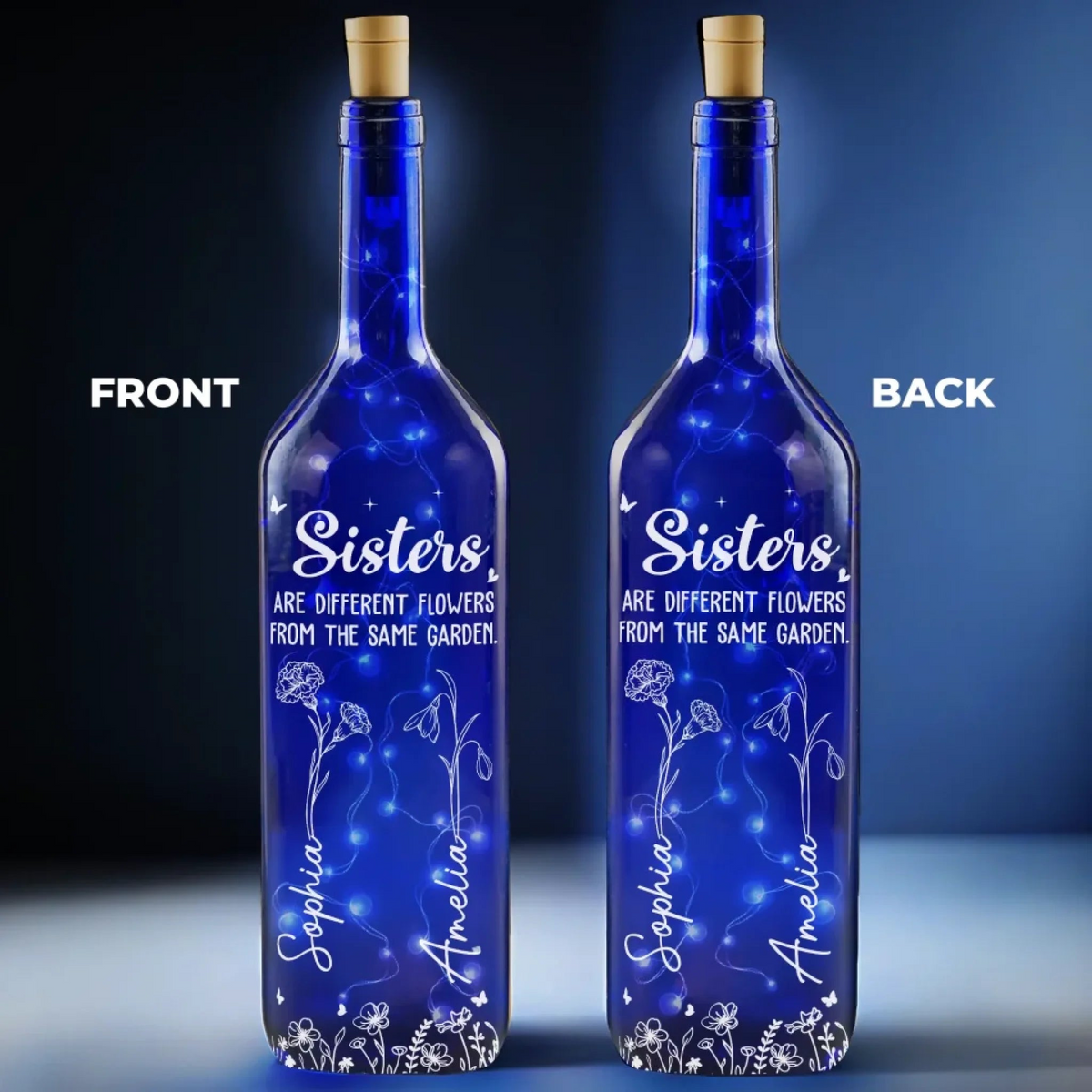 Sisters Are Different Flowers From The Same Garden - Personalized Blue Bottle Lamp - Gift For Best Friends, BFF, Sisters