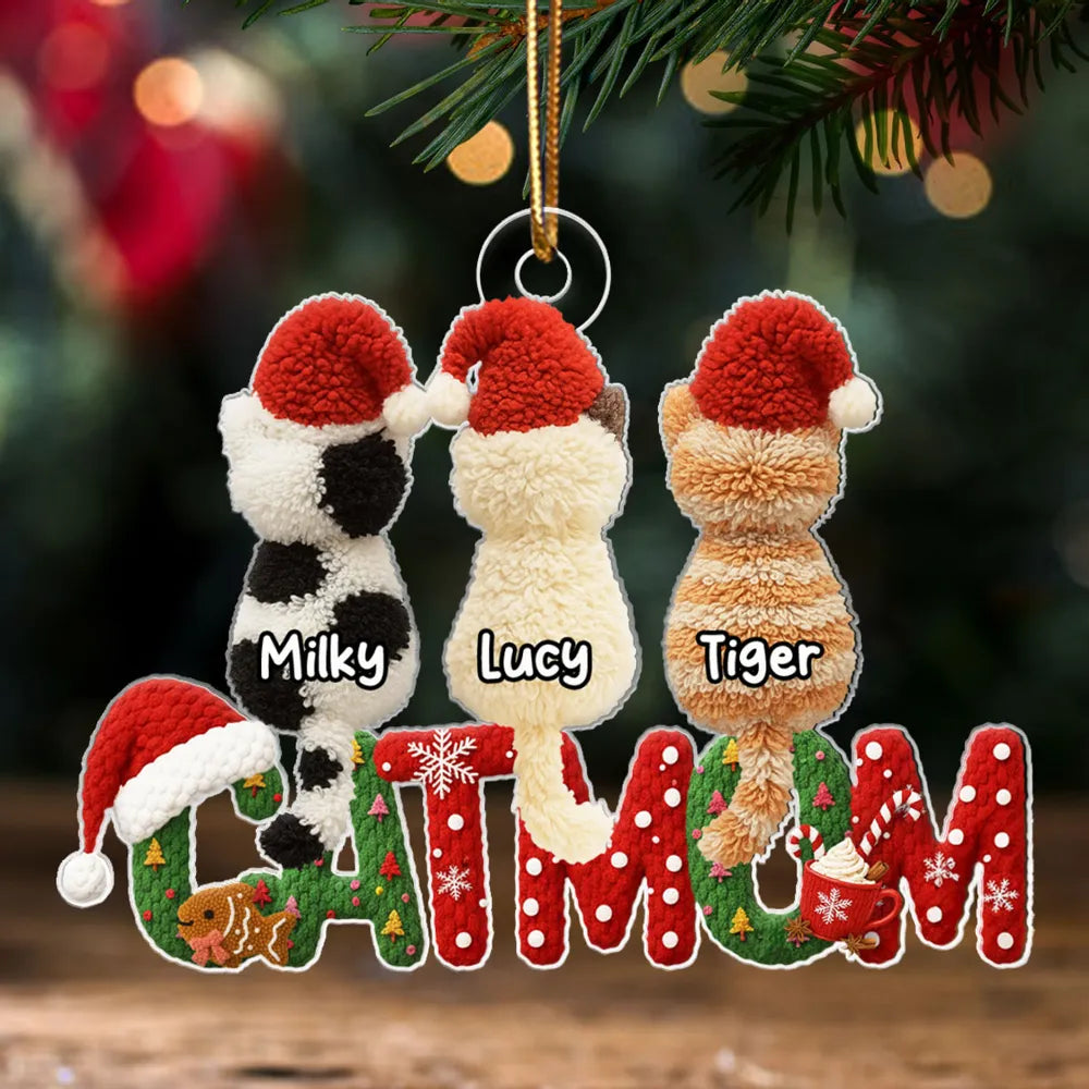 3D Effext Faux Crochet Cat Mom - Personalized Acrylic Ornament - Christmas Gift for Cat Lovers