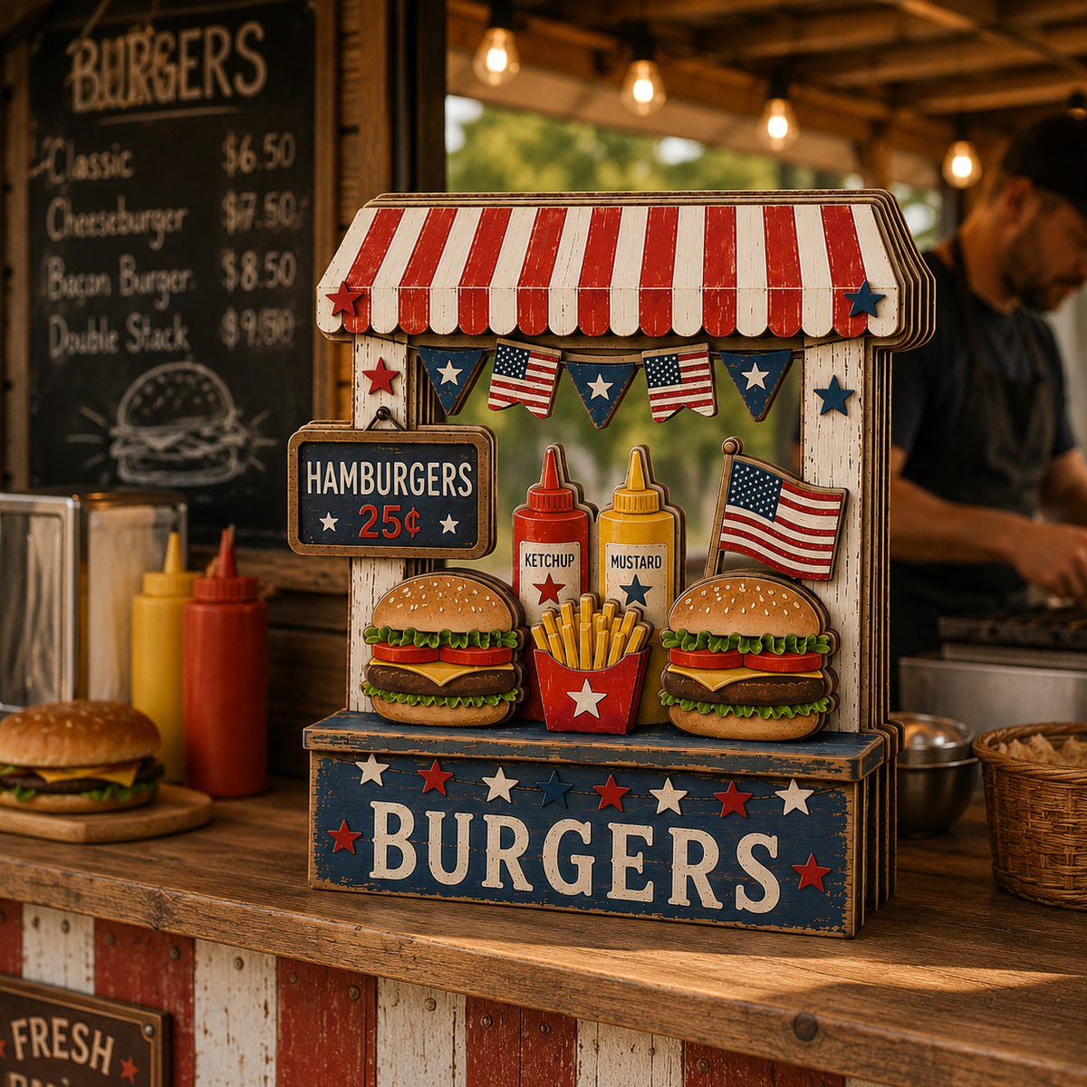 3D Wooden Hamburger Stand Sign, Gift for BBQ Lovers, Fourth of July Decor, Custom Name Kitchen Block, Patriotic Diner Tabletop Art
