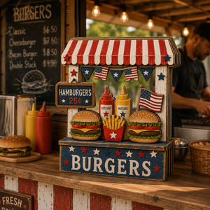 3D Wooden Hamburger Stand Sign, Gift for BBQ Lovers, Fourth of July Decor, Custom Name Kitchen Block, Patriotic Diner Tabletop Art