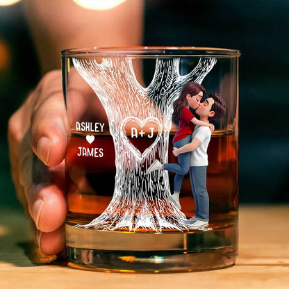 Tree Of Love Kissing Couple - Personalized Whiskey Glass - Anniversary Gift, Valentine's Day Gift For Couple