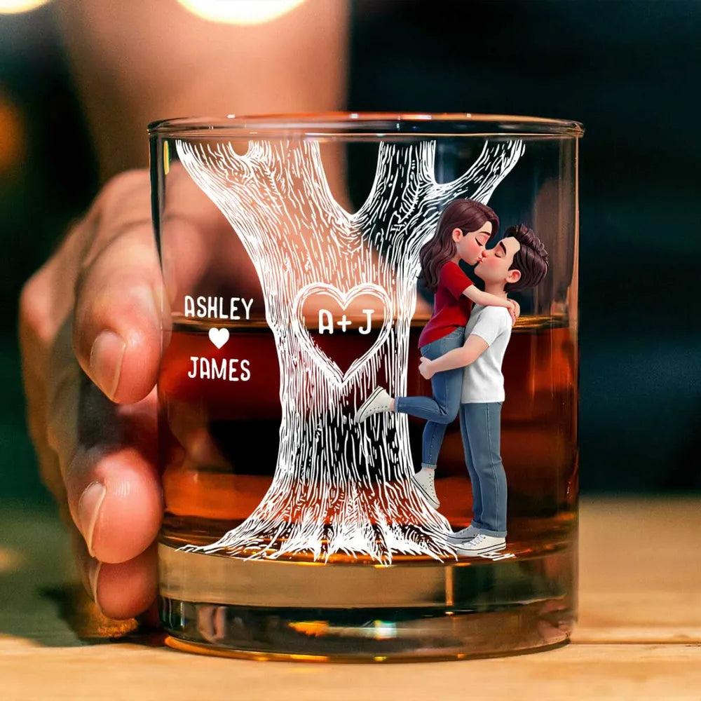 Tree Of Love Kissing Couple - Personalized Whiskey Glass - Anniversary Gift, Valentine's Day Gift For Couple