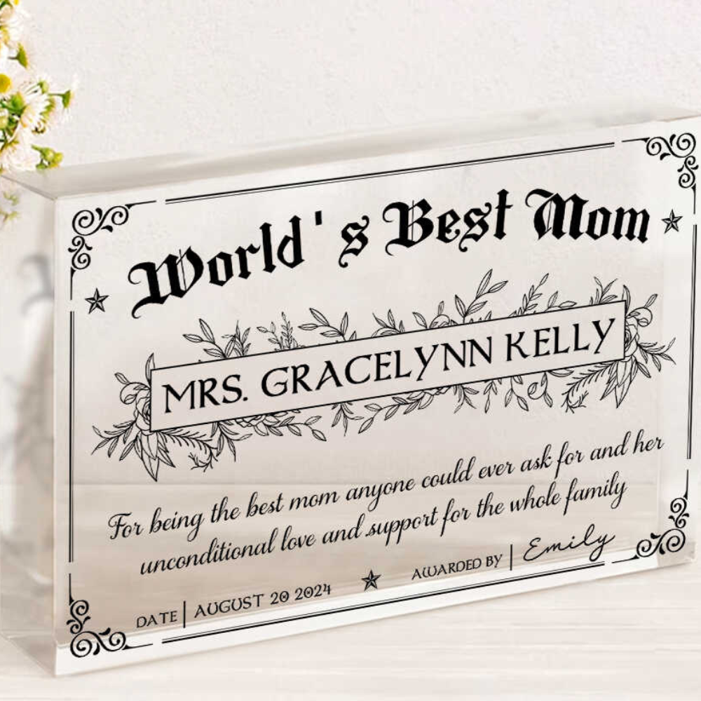 World's Best Mom Award Certificate - Personalized Acrylic Plaque - Gift For Mom, Mother's Day Gift, Birthday Gift
