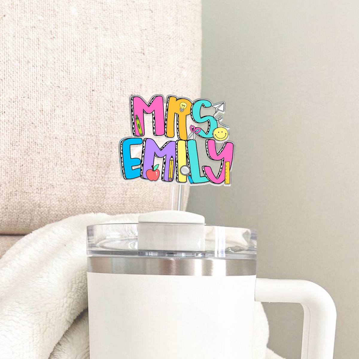 Teacher Gifts Personalized, Custom Topper Straw With Teacher Name, Teacher Appreciation, Tumbler Cup Straw Cover, Gift For Teacher