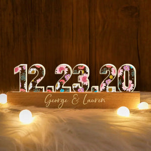 Couple Engagement Anniversary Date Flowers Personalized Custom LED Night Light, Gift for her, Gift for him