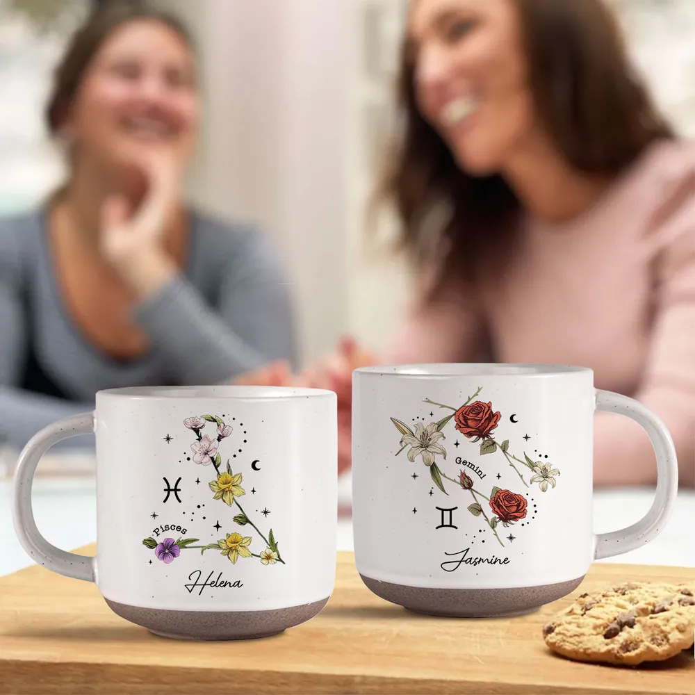 Zodiac Sign Birth Month Flower - Personalized Pottery Mug - Gift For Mother, Daughter, Sister, Family