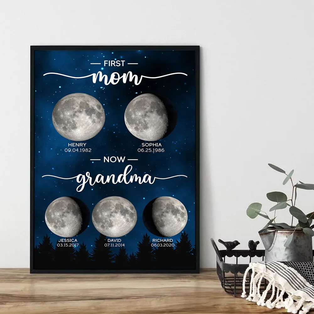 First Mom Now Grandma Custom Birth Moon Phase - Personalized Canvas - Gift For Mom, Grandma, Mother's Day Gift