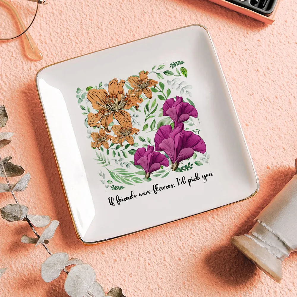 Sisters Besties In Bloom Birth Month Flowers - Personalized Jewelry Plate - Gift For Friends, Besties