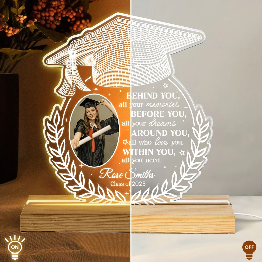 Behind You All Your Memories Upload Graduation Photo - Personalized 3D LED Light Wooden Base - Graduation Gift