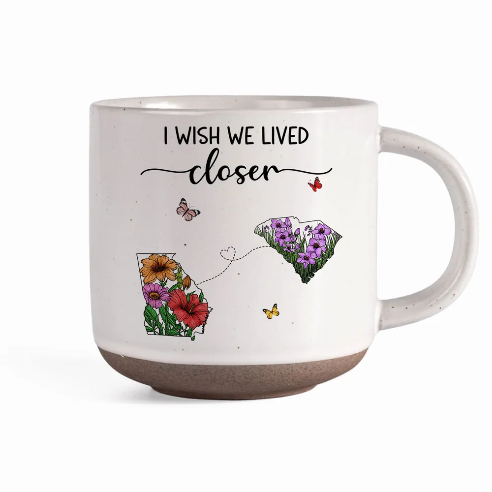 Wish We Lived Closer Wildflower State Map - Personalized Pottery Mug - Gift For Family, Bestie, Long Distance Relationship