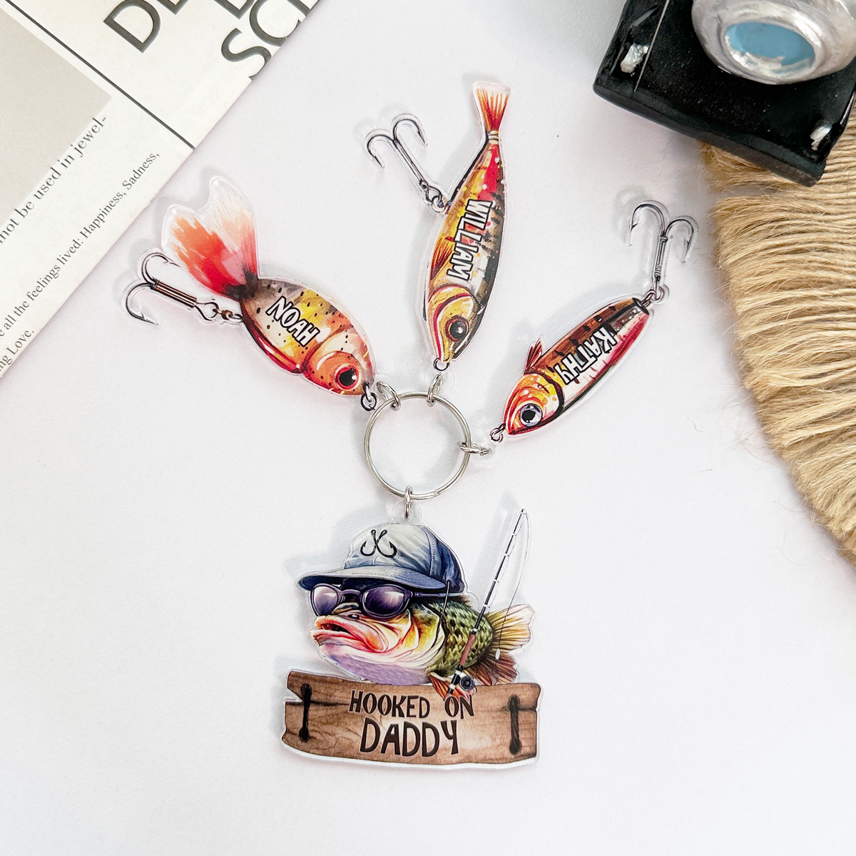 Hooked On Daddy Papa - Personalized Acrylic Tag Keychain - Gift For Father, Grandfather, Father's Day, Birthday Gift