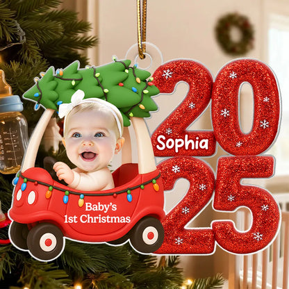 Baby In Car Upload Photo Christmas - Personalized Acrylic Ornament - Christmas Gift For New Parent, Newborn Keepsake