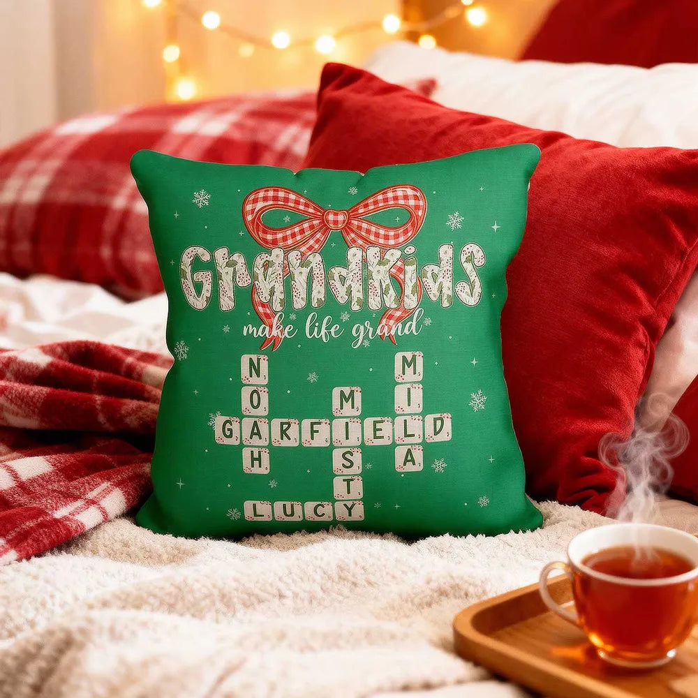 Grandkids Make Life Grand Coquette Floral Christmas Pattern Crossword Puzzle Art - Personalized Pillow - Christmas Gift For Family
