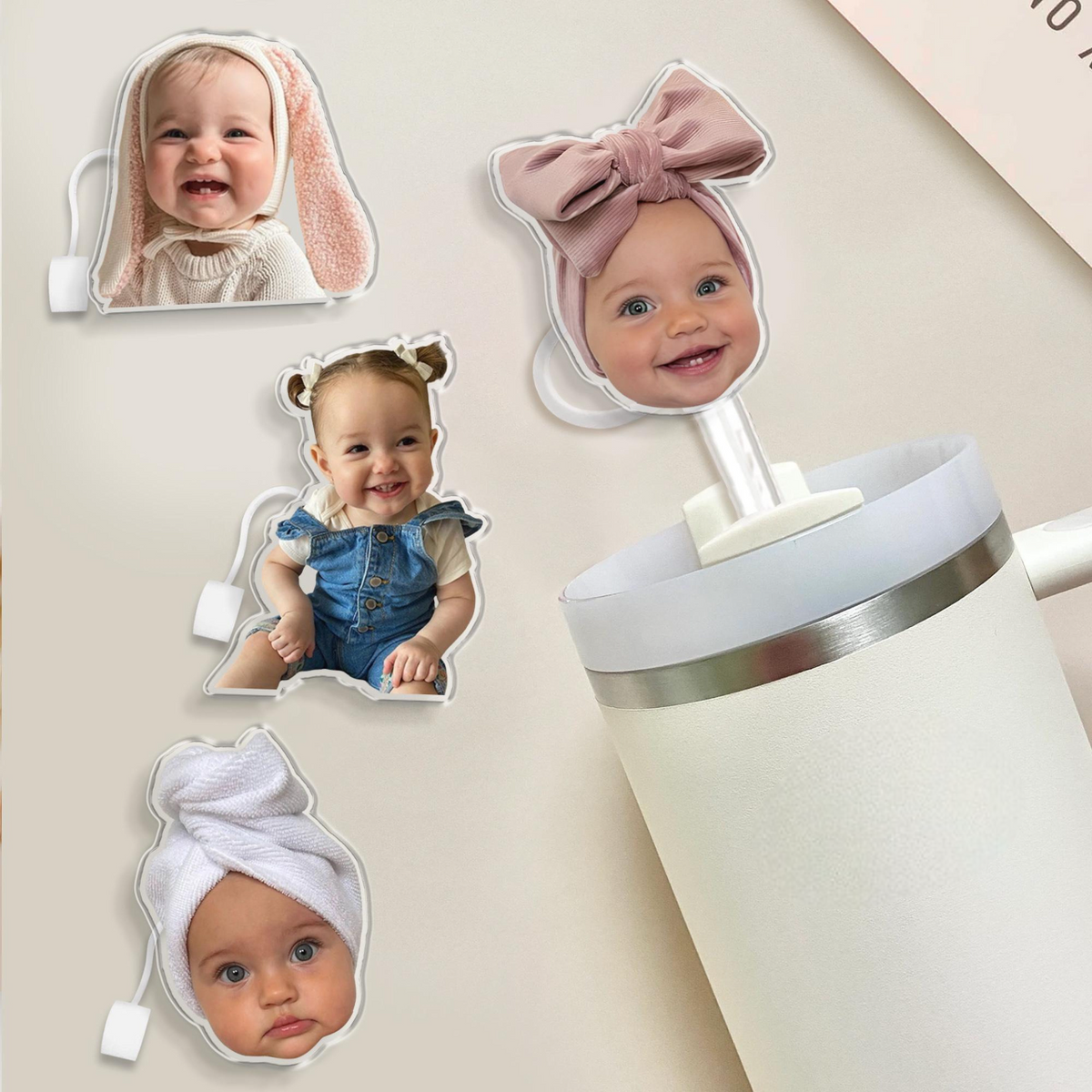 Personalized Gift For Mom Grandma, Custom Kids Photo Straw Topper, Cup Straw Cover, Gift For Grandma, Nana