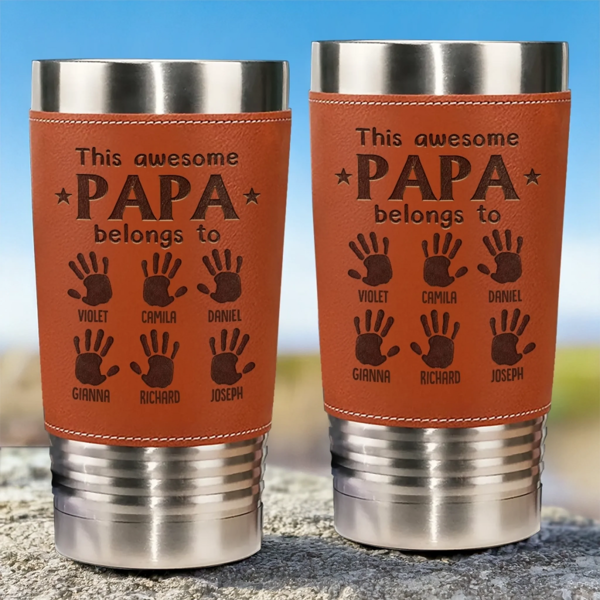 This Awesome Papa Belongs To Kids Hand Prints - Personalized Leather Tumbler - Gift For Dad, Grandpa, Father's Day Gift