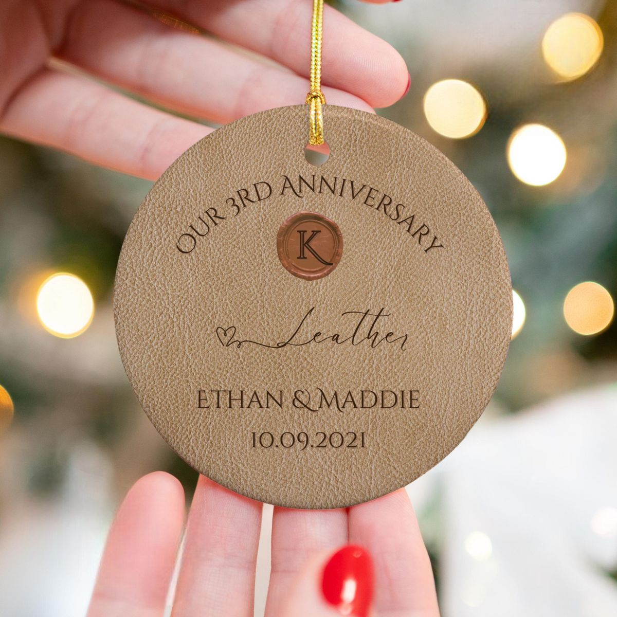 Personalized 3rd Anniversary Ornament, Leather Wedding Anniversary Gift, Three Year Anniversary Ceramic Ornament, 3rd Year Gift For Husband Wife