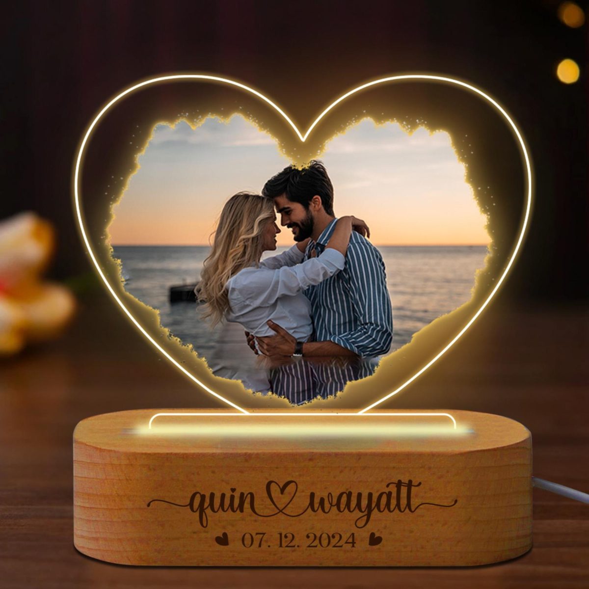 Custom Photo Heart Acrylic Night Light, Personalized 3D LED Light Wooden Base, Anniversary Gift, Valentines Day Gift for Him or Her, Couple Gifts