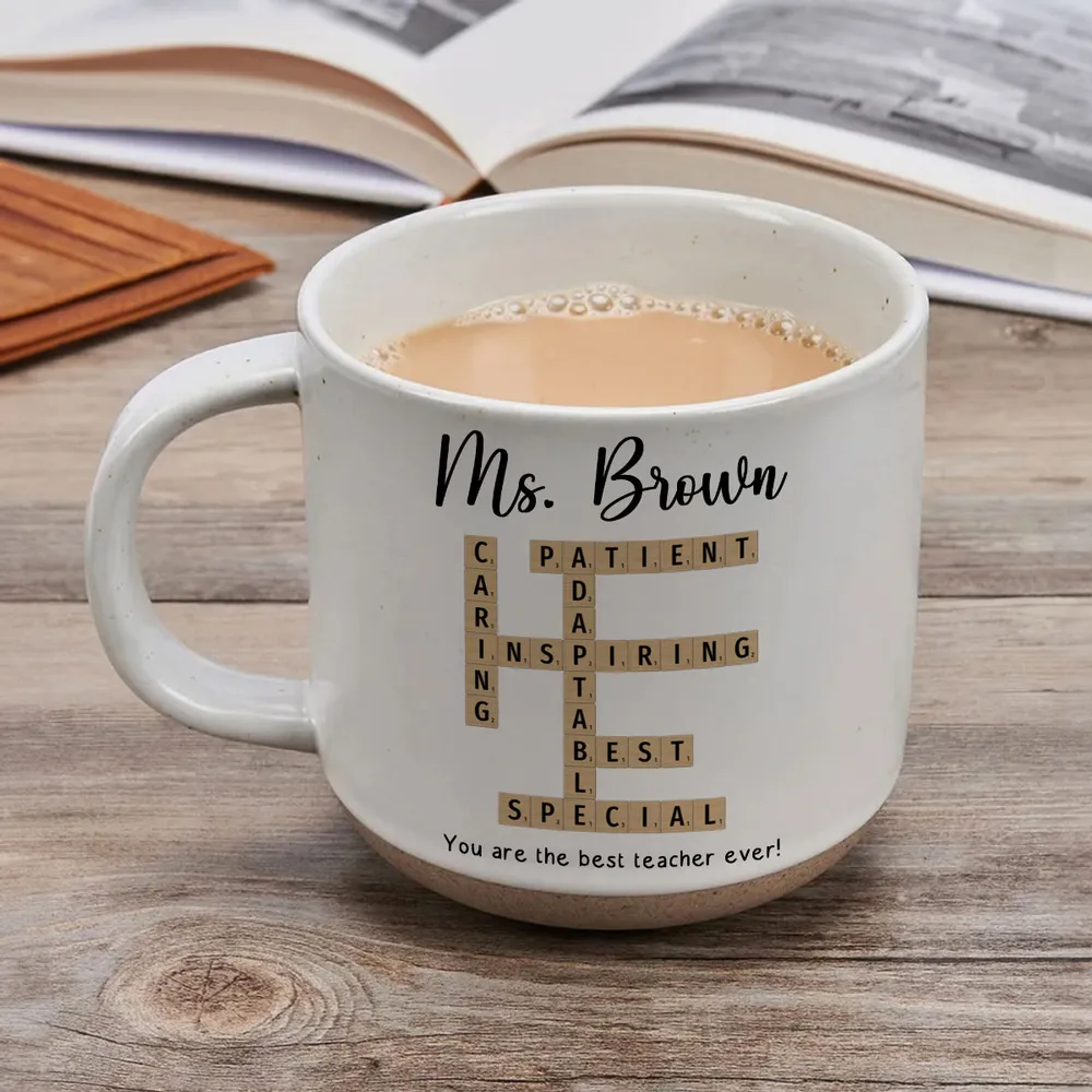 Best Teacher Ever Crossword Art - Personalized Pottery Mug - Gift For Teacher