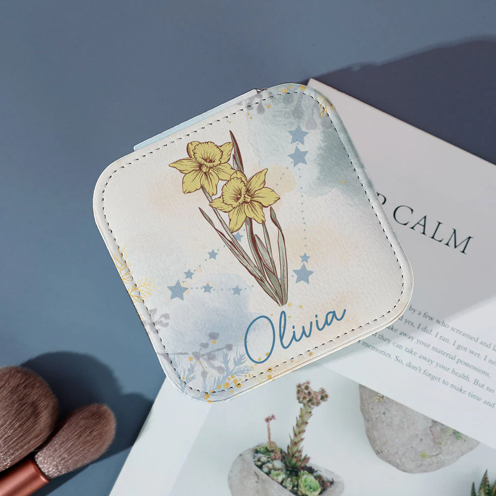 Birth Month Flower With Zodiac Sign - Personalized Square Jewelry Box - Gift For Mom, Mother's Day, Birthday Gift