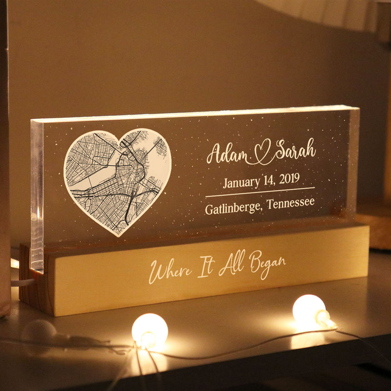 Where It All Began Couple Location, Personalized LED Light Wooden Base, Engagement Gift, Anniversary Gift, Heartfelt Keepsake For Couples