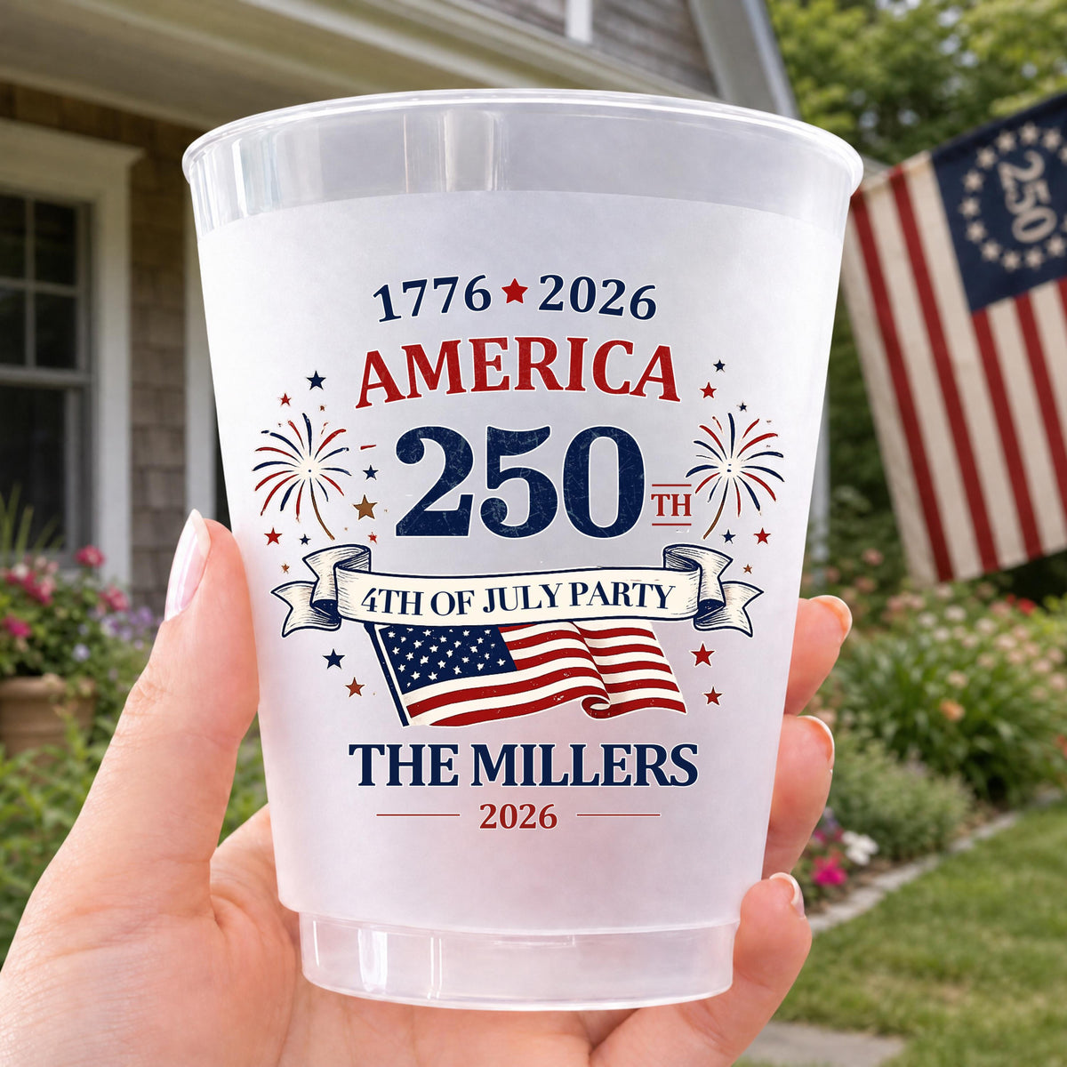 Custom Frosted Cups for Independence Day, 4th of July Party Cups, America 250 Patriotic Family Reunion BBQ Picnic Favors