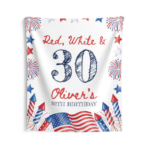 Red White and 30th, 40th, 50th Birthday Backdrop, Patriotic 4th of July Party Banner