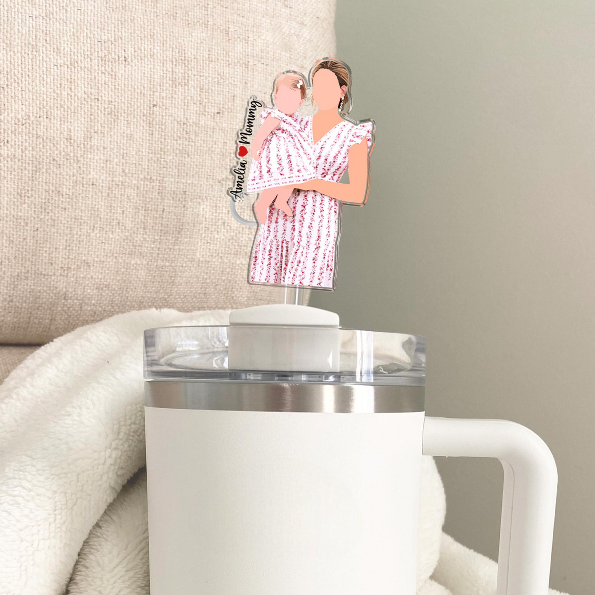 Personalized Gift For Mom, Custom Family Photo Portrait Straw Topper, Mom And Kids Photo Straw Cover