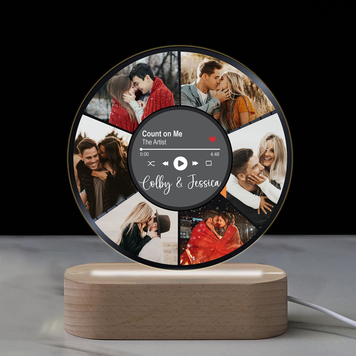 Personalized Couple Photos Record Night Light, Photo Collage LED Lamp for Boyfriend Girlfriend, Anniversary Gifts, Wedding Gift, Music Cover
