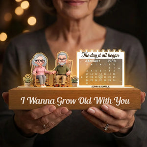 Old Couple Sitting On Rocking Chair Anniversary Date - Personalized 3D LED Light Wooden Base - Gift For Couple