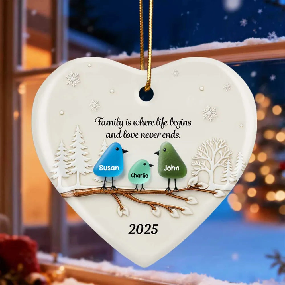 Family Birds Sea Glass Pattern - Personalized Ceramic Ornament With Acrylic - Heartwarming Festive Christmas Gift, Decor