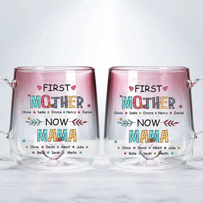 First Mom Now Grandma - Personalized Gradient Glass Mug - Gift For Grandma, Mother's Day Gift