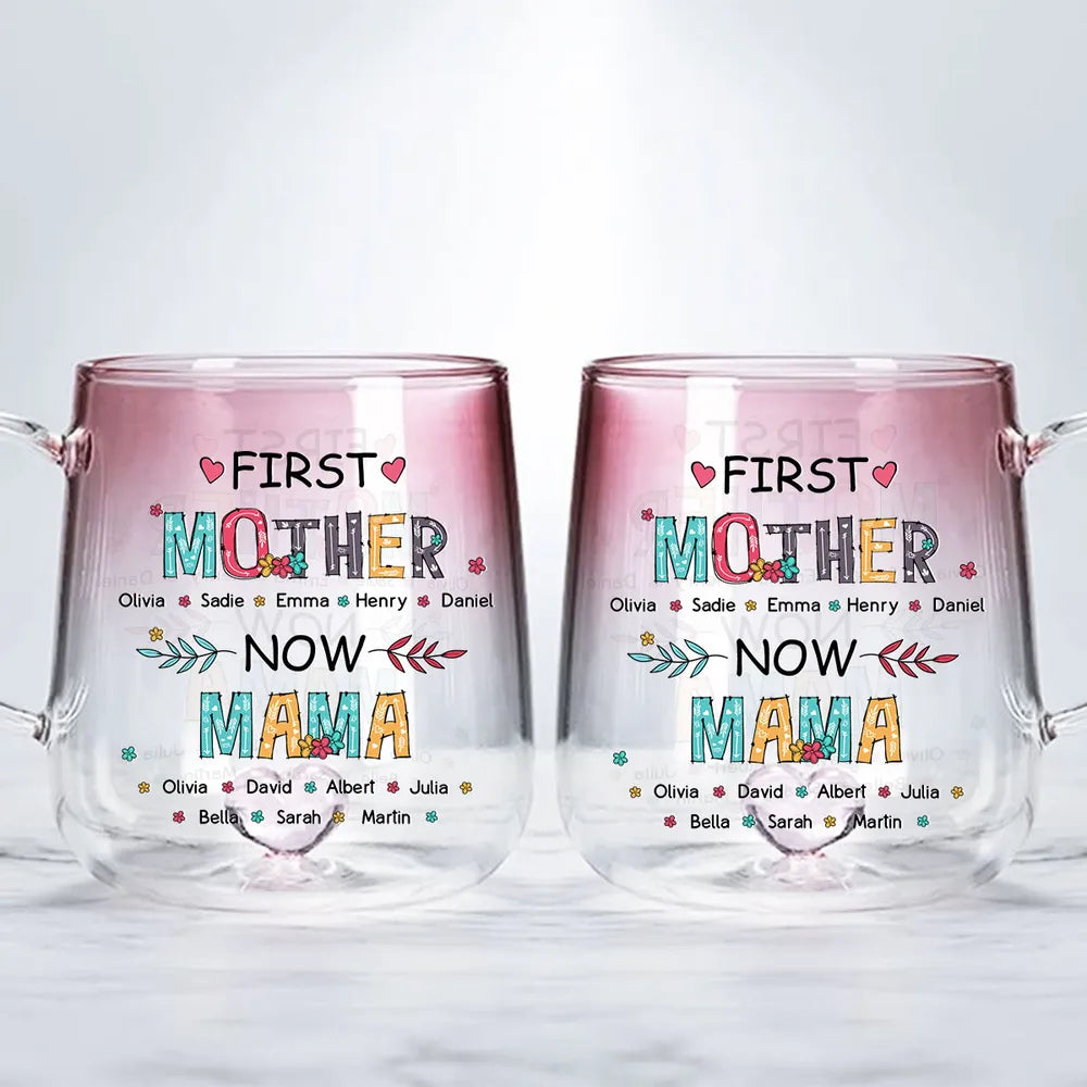 First Mom Now Grandma - Personalized Gradient Glass Mug - Gift For Grandma, Mother's Day Gift