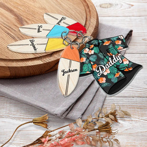 Hawaiian Shirt Papa & Surfboard - Personalized Acrylic Tag Keychain - Gift For Father, Grandfather, Father's Day, Birthday Gift, Summer Beach Vibes