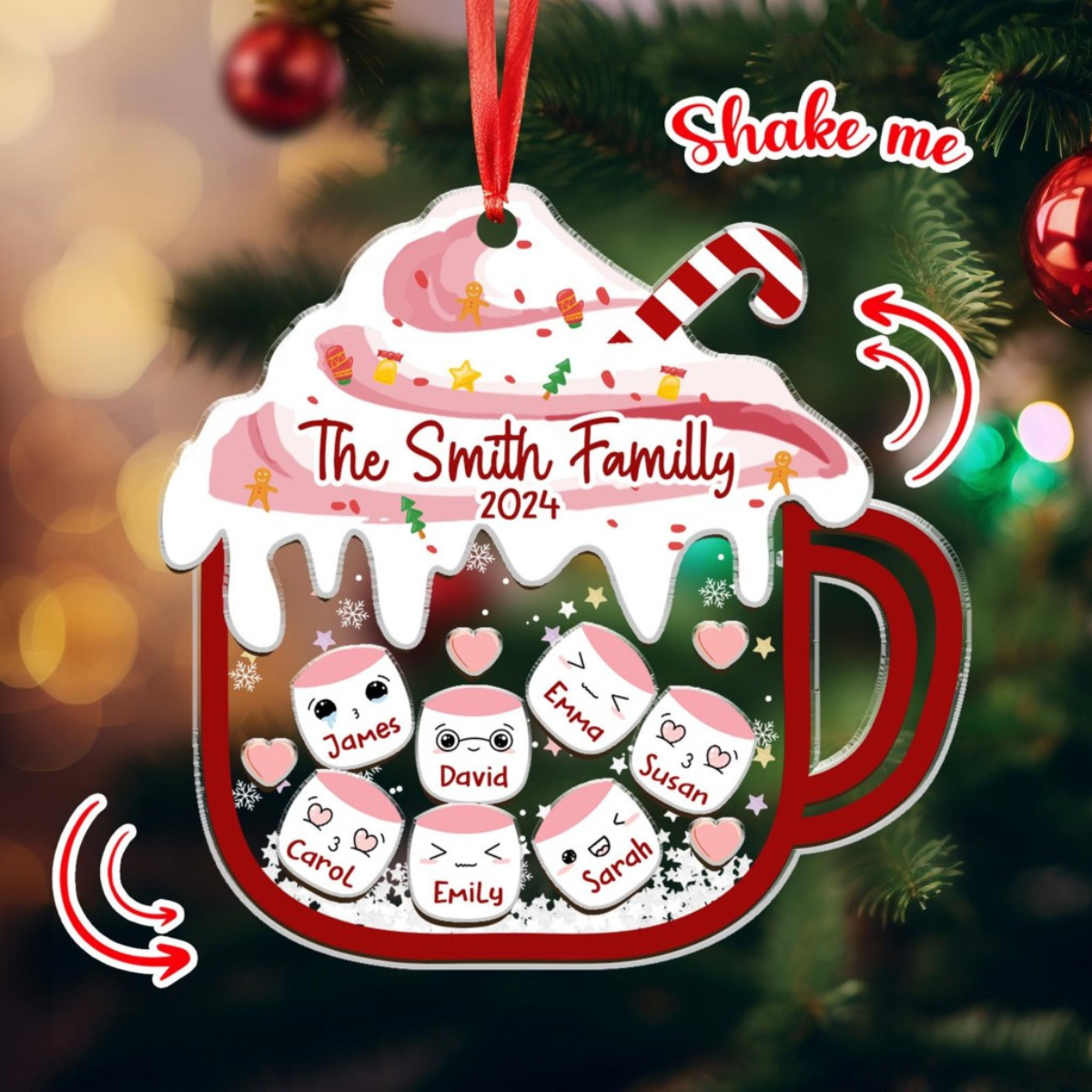 Personalized Family Names 4D Shaker Ornament, Family Hot Cocoa Ornament, Marshmallow Ornament, Custom Name Ornament, 2024 Holiday Gifts
