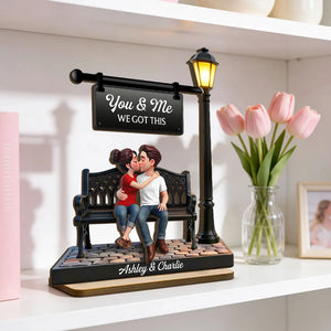 3D Couple Kissing Under Lamp Post - Personalized Wooden Plaque With Flat Base - Valentine's Day Gift For Couple