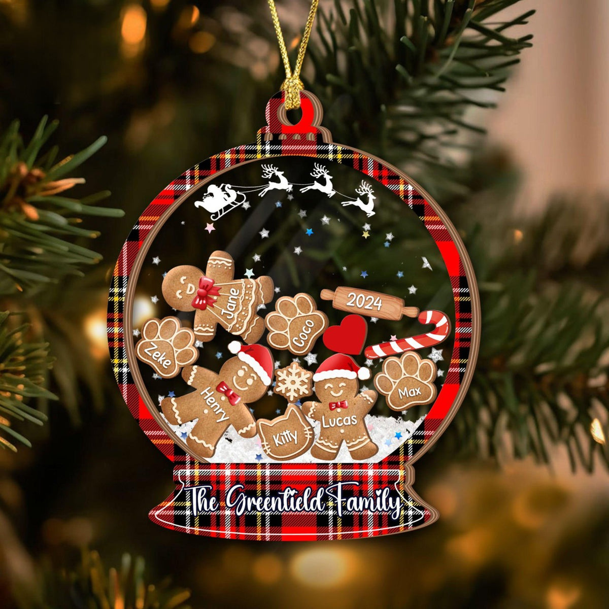 Gingerbread Family With Dog & Cat - Personalized 4D Shaker Ornament - Christmas Gift For Family