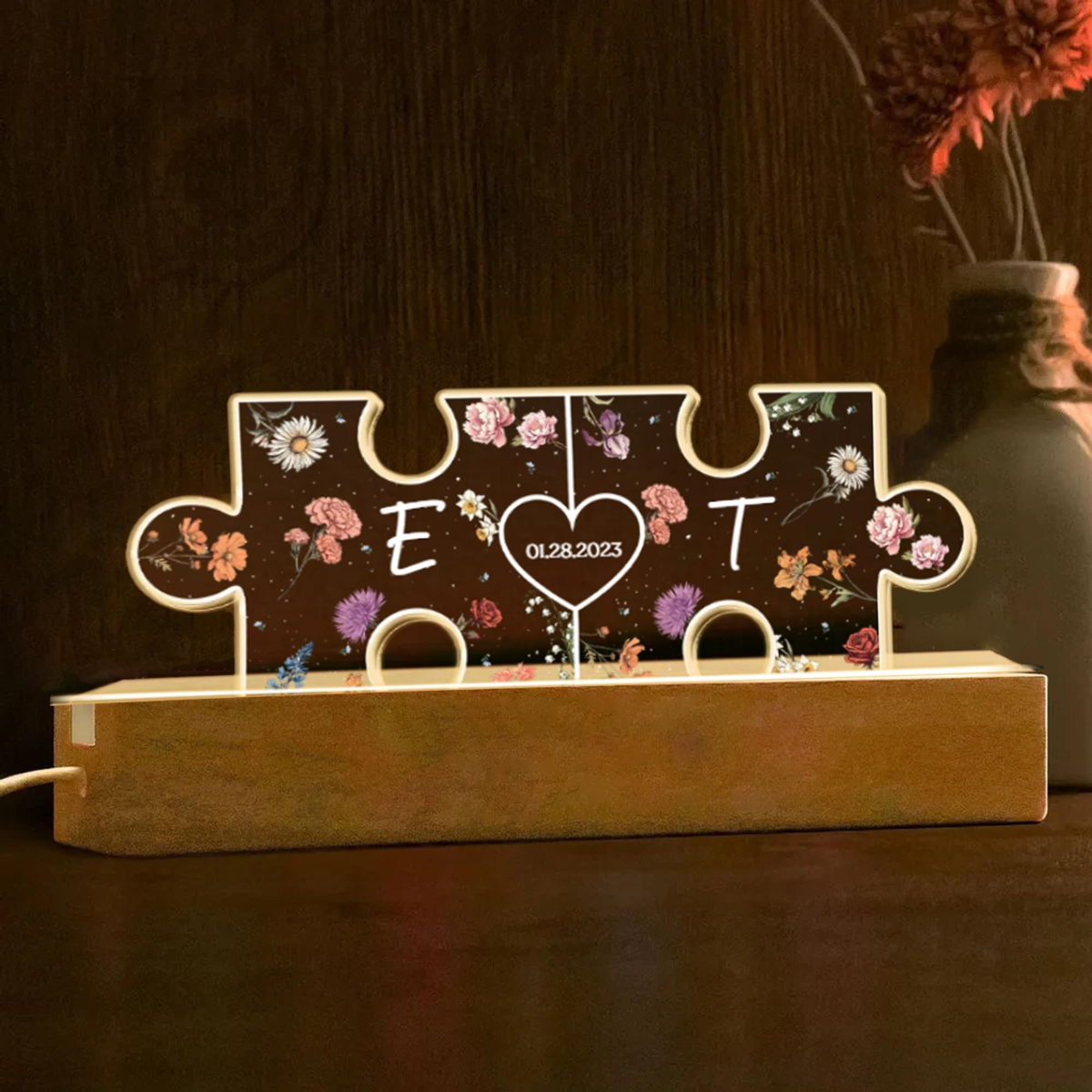 Personalized Couple Initials Puzzle Pieces Floral Theme Valentine's Day Gift, Custom Name and Date Night Light Led Gifts For Him/Her