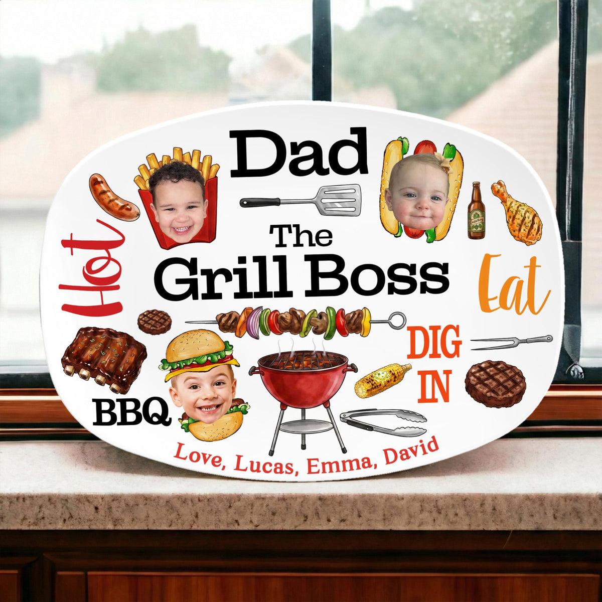 Personalized Dad Grilling Platter with Kids Faces, Funny Kids Face Platter, BBQ Dad Gift, The Grill Boss Plate, Fathers Day Gift for Husband