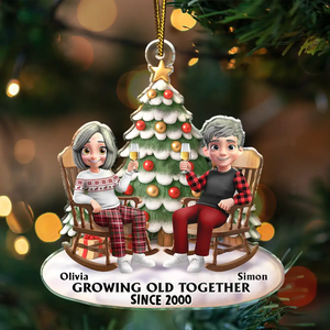 Growing Old Together 3D Effect Couple Sitting - Personalized Custom Shaped Acrylic Ornament - Christmas Gift For Couple