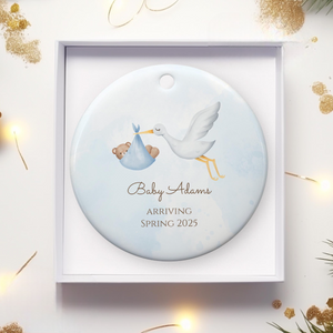 Stork Baby Announcement Ornament, Expecting Baby Announce Ceramic Ornament, Pregnancy Announcement Keepsake Baby Arriving, Baby On The Way Gift