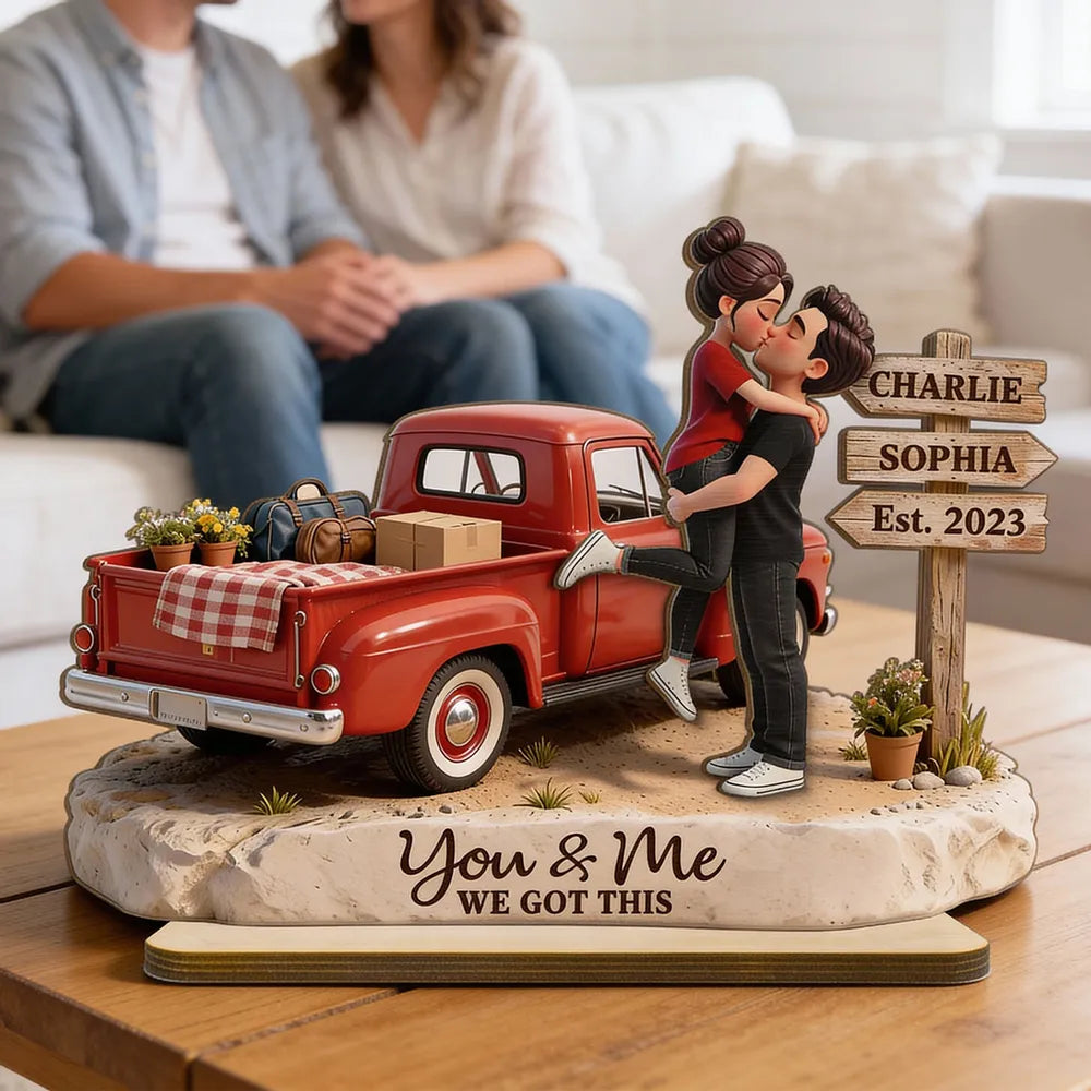 Romantic Couple Pickup Truck Farmhouse Sign Post - Personalized Wooden Plaque With Flat Base - Valentine's Day Gift For Couple, Anniversary Gift