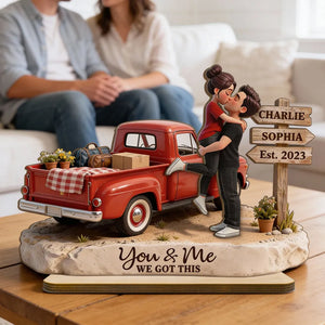 Romantic Couple Pickup Truck Farmhouse Sign Post - Personalized Wooden Plaque With Flat Base - Valentine's Day Gift For Couple, Anniversary Gift