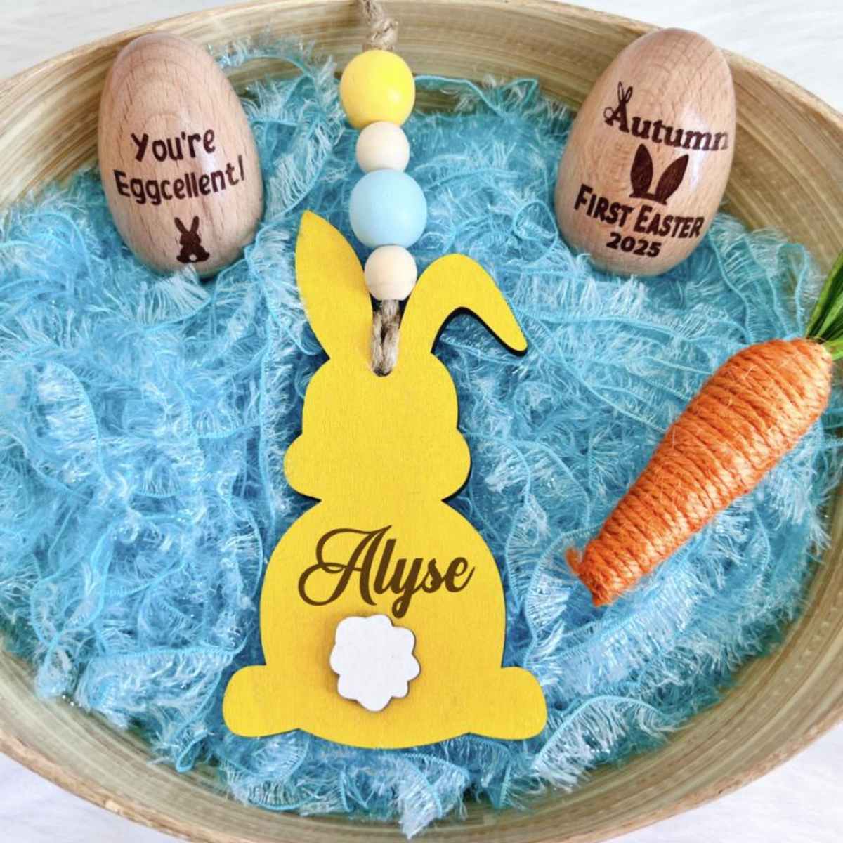 Easter Basket Bunny Wooden Name Tag Beaded, Laser Custom Easter Bunny gift tag, Personalized kid Easter Egghunt basket tag Peep Basket