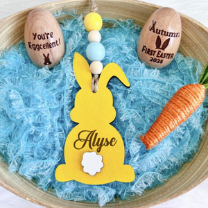 Easter Basket Bunny Wooden Name Tag Beaded, Laser Custom Easter Bunny gift tag, Personalized kid Easter Egghunt basket tag Peep Basket