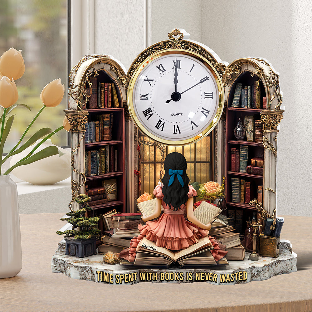 Girl Holding Books - Personalized Acrylic Desk Clock - Gifts for Book Lovers