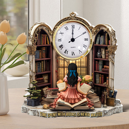 Girl Holding Books - Personalized Acrylic Desk Clock - Gifts for Book Lovers